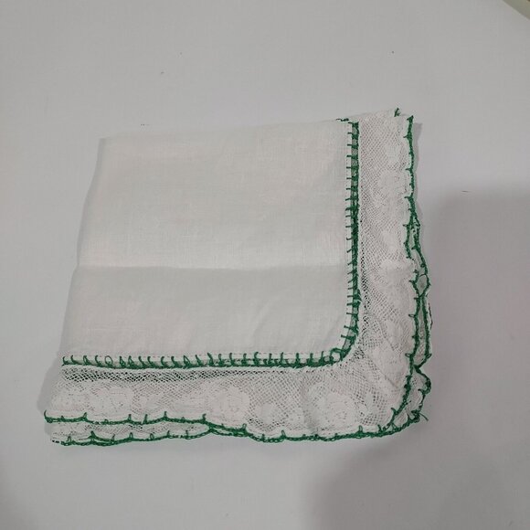 Antique Vintage 1920 Green White Wedding Handkerchief Handmade French Lace - Picture 6 of 8